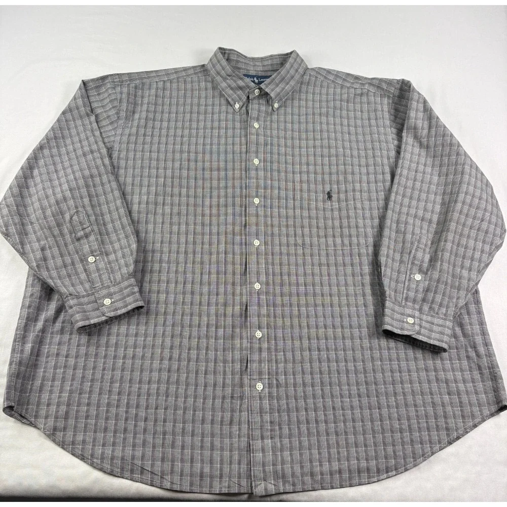 Polo Ralph Lauren Shirt Mens 3XB Big Gray Plaid Button Up‎ Long Sleeve
